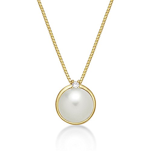 Diamond Treats Pearl Pendant Necklace for Women with 8 mm White Freshwater Pearl Pendant Set with Single Sparkling Cubic Zirconia, 9K Yellow Gold Pearl Necklace with a Natural Freshwater Pearl