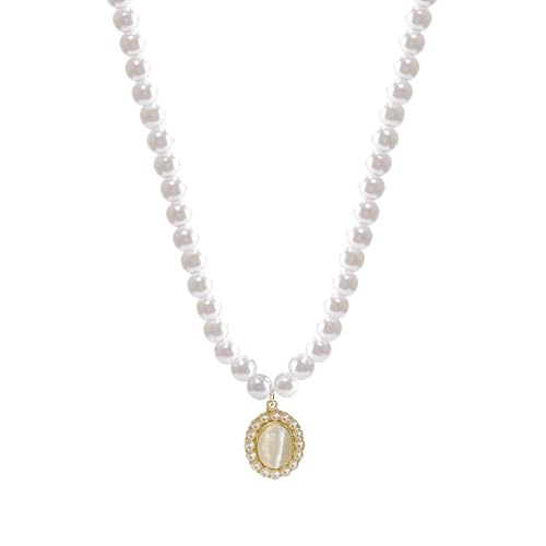 Vintage Style Pearl and cat's eye Stone necklace, Pearl Necklace with Crystal-Studded Gold Pendant, White, Fashion Jewelry for Women,Gold-Tone Frame,1920s