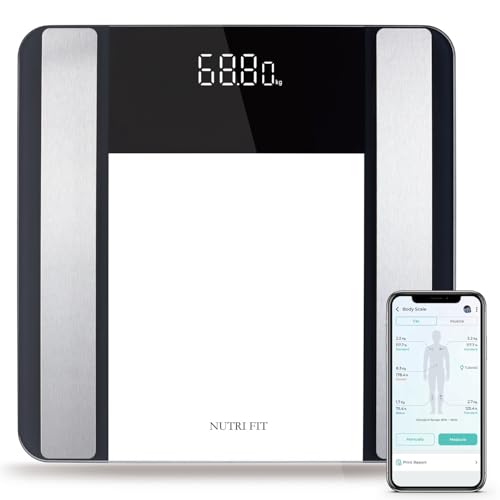 NUTRI FIT Digital Smart Body Fat Scale Bathroom Scale for Muscle Fat Transparent Tempered Glass Large LED Digits 400lb, BMI Water Protain Body Health Monitor