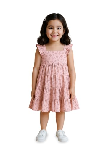 Image of Kidbea Organic Cotton Girls Sleeveless Ruffle Strap Ditsy Floral Tiered Dress | Ultra-Soft & Comfortable Summer Frock for Kids