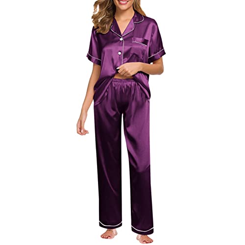 Conjunto de pijama de satén suave manga larga ropa de dormir señoras botón abajo acogedor ropa de dormir ropa de dormir conjuntos de pijama, Morado (, XL