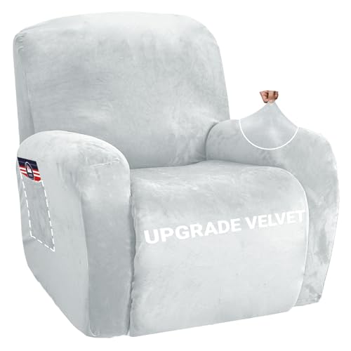 Image of ZNSAYOTX Stretch Velvet Recliner Cover 4-Pieces, Thick Soft Recliner Chair Slipcover with Pocket, Non-Slip Elastic Bottom for Kids Pets, Luxury Plush Reclining Protector Comfy Washable (Silver Grey)