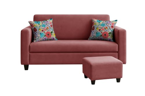 Image of Rosebell 2 Seater Sofa with Ottoman | Living Room Couch | with Printed Cushions | Sofa for Home, Apartment & Office-Rose Pink Color