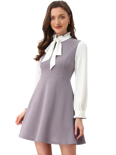 Image of Allegra K Tie Neck Dresses for Women's 1960s Vintage Long Sleeve Contrast Color Dress