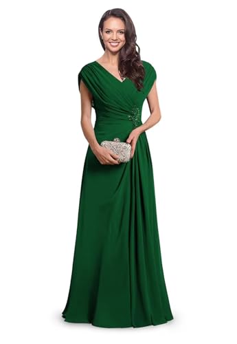 Women's Cap Sleeve Chiffon Mother of The Bride Dresses Long Pleated V Neck Evening Dress for Formal Gown