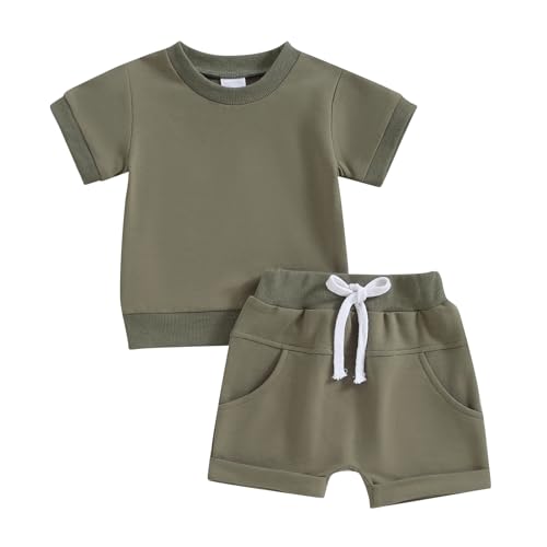 Image of Thorn Tree Toddler Boys Clothes Set Short Sleeve T-shirt Top Elastic Waist Pocket Shorts Solid 2Pcs Outfits
