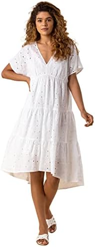 Roman Originals Women Broderie Tiered Smock Dress - Ladies Spring Holiday Summer Casual V-Neckline Short Sleeve Relaxed Lined Comfy Dresses - Ivory - Size 12