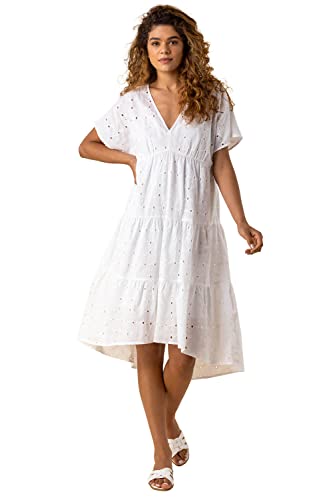 Roman Originals Women Broderie Tiered Smock Dress - Ladies Spring Holiday Summer Casual V-Neckline Short Sleeve Relaxed Lined Comfy Dresses - Ivory - Size 12 #TOP3