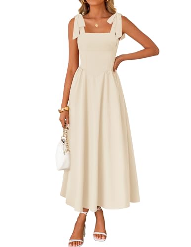 ZESICA Women's Summer Spaghetti Strap Maxi Dress 2026 Tie Shoulder Square Neck Flowy Wedding Guest Party Beach Long Dresses,Apricot,Medium