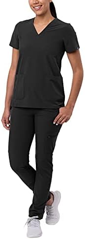 Adar Addition Go-Basic Scrub Set for Women - Slim V-Neck Scrub Top & Skinny Cargo Scrub Pants - A9200 - Black - M