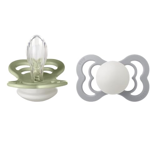 Image of BIBS Supreme Baby Pacifier 2-Pack | Made in Denmark | BPA Free Dummy Soother, Symmetrical Nipple. Silicone, Size 2 (6-18 Months), Sage Glow/Cloud Glow