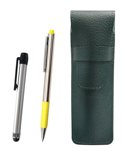 Grain-Leather-Pencil-Case-Moss-Green-Metal-Touch-Stick-Silver-and-FB325-Aluminum-Straight-Knock-Ballpoint-Pen-Set-Yellow-SASMG-ALST-FB325-Y