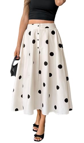 Wuitrie Polka Dot Skirt for Women 2025 Summer Causal Elastic Waist Vintage A-line Midi Skirts