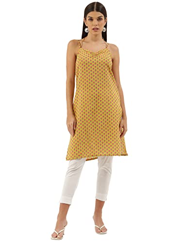Image of FABRIC FITOOR Women's Mustard Color Cotton Knee Length Straight Strapy Kurti