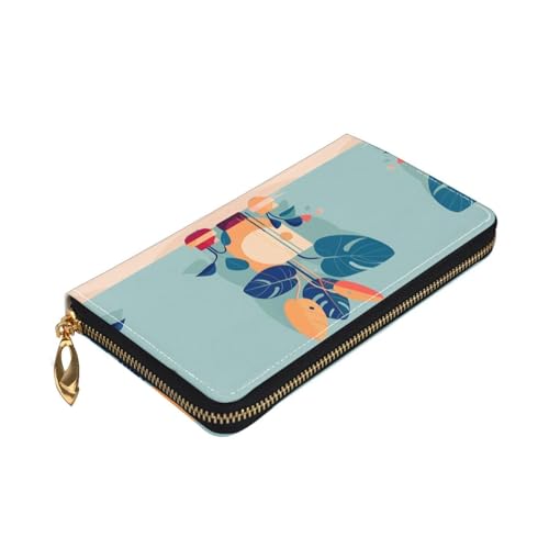 Long Wallet for Women & Men, Blue Orange Turtleback Bamboo Print Leather Bifold Wallet Clutch Purse, for Credit Card Coin Receipts3
