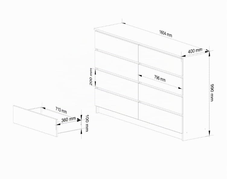 BDW - Comò con 8 cassetti, comò K160, credenza, mobili per soggiorno, camera da letto, corridoio, armadio da ufficio, materiale robusto e design moderno - 160x40x99 cm, Bianco
