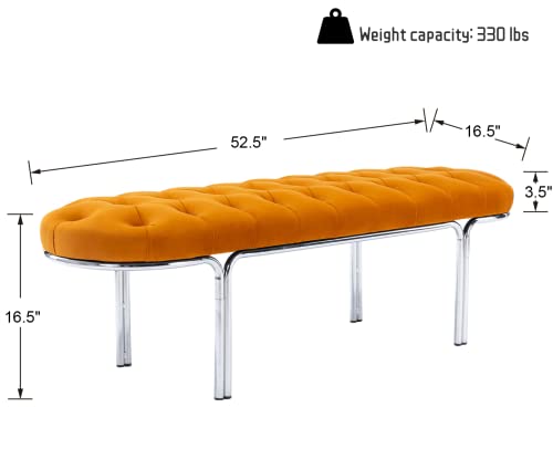 Lei Yu Shunzhi Elegant Velvet Bench 52”Vanity Upholstered Tufted Modern Entryway Ottoman End Of Bed Dining With Silver Legs For Bathroom/Living Room, Orange #TOP1