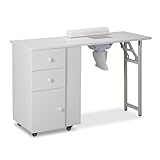 Pinikuyiro Foldable Manicure Nail Table,Makeup Beauty Salon Desk Station Storage Acetone Resistant with Electric Dust Collector, Lockable Wheels, Wrist Cushion, Drawers & Cabinet