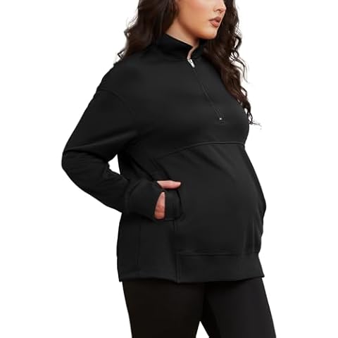 Bhome Maternity Sweatshirt Half Zip Active Maternity Shirt Long Sleeve with Thumbholes and Pockets Maternity Pullover Black M Cover