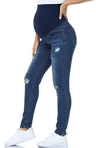 Poshglam Women's Maternity Skinny Jeans Over Belly Slim Comfy Stretch Denim Jeggings(Indigo Ripped, Small) #TOP3