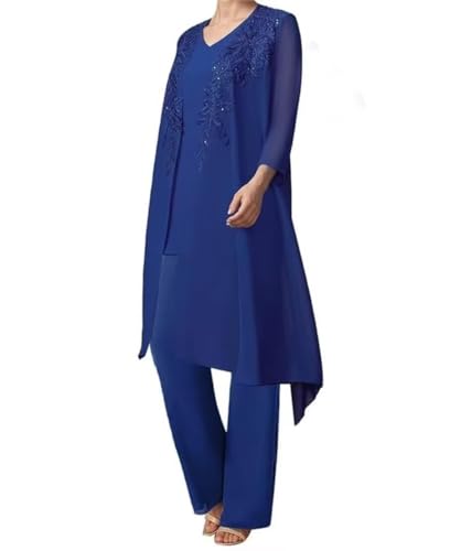 Mother of The Bride Lace Applique V Collar 3Pcs Women's Gentle Chiffon Pants Suits Wedding Party Outfit Evening Dress3