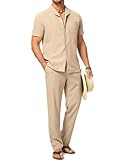 JMIERR Men Texture 2 Piece Outfit Short Sleeve Lightweight Beach Button Down Shirt Casual Pant Sets with Pocket
