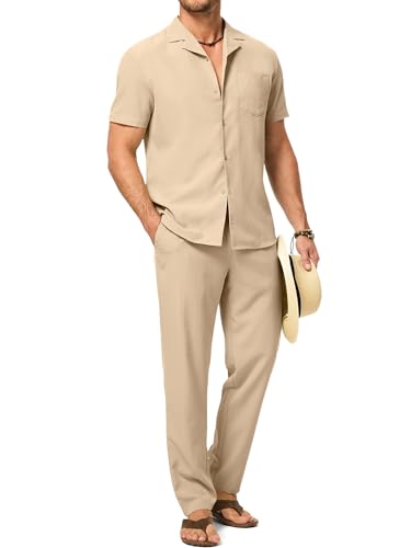 JMIERR Men Texture 2 Piece Outfit Short Sleeve Lightweight Beach Button Down Shirt Casual Pant Sets with Pocket