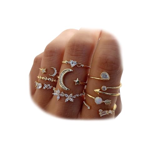 KISS WIFE Gold Stackable Moon Star Knuckle Rings Set for Women, Boho Dainty Lightweight Stacking Rings, Vintage Midi Rings Pack, Trendy Jewelry (Gold-Moon Star)