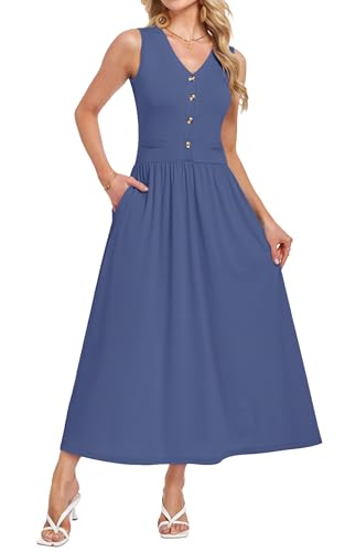 MOLERANI Summer Dress Womens 2026 Sleeveless V-Neck Casual Elegant Solid Maxi Sundress with Pockets,Wedding Guest Dress,Party,Brunch,Vacation,Office(Beja Blue,XS)