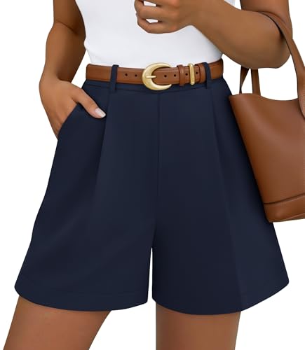 ZESICA Shorts for Women Dressy 2026 Summer Pleated Wide Leg Elastic High Waisted Business Casual Shorts with Pockets Navy Medium