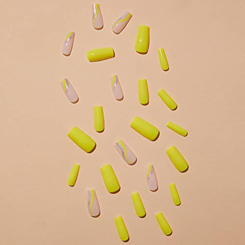Square Long Press On Nails Yellow Green Fake Nails Coffin False Nails With Glitter And Swirl Design Full Cover Stick On Nails French Nails With Nail Glue Cute Acrylic Nails For Women Girls 24Pcs #TOP3