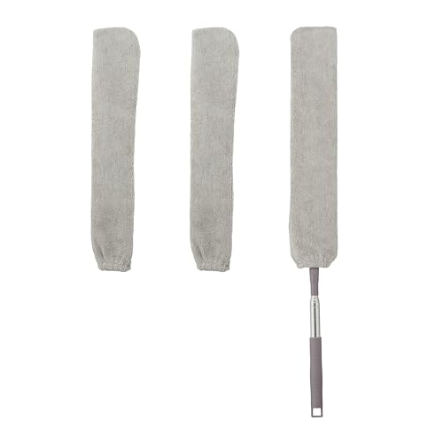 Relaxdays Flacher Staubwedel, Lücken putzen, Teleskopstange bis 115 cm, 3 waschbare Bezüge, Spaltstaubreiniger, grau