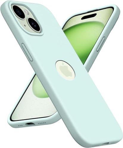 Image of Elzzi Microfiber Logo Cover Compatible for iPhone 15 Plus Case Liquid Silicone Cases Full Body 4 Layer Protective Covers Shockproof Back Cover (Mint)