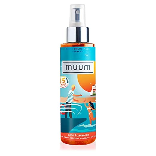 MUUM - BRONCEADOR SOLAR SPF15 | Aceite solar bronceador - Aroma COCO Y ZANAHORIA|Hidrata en profundidad - Bronceador cuerpo - Aceite bronceador con protección - Activador del bronceado .150ml