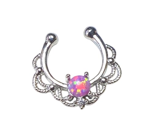Lobal Domination 1pc NON-Pierced Lacey Single Opal Septum Hanger Fake Clip-on Nose Ring - Body Jewelry