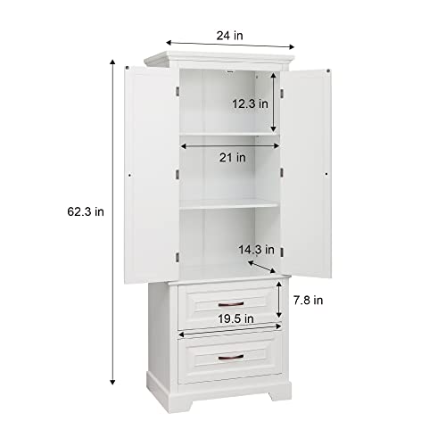 Teamson Home St. James Wooden Linen Tower Cabinet With 2 Adjustable Shelves 2 Drawers 5 Storage Spaces And 2 Doors, White #TOP4