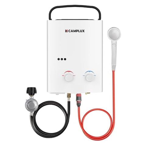 CAMPLUX 5L Outdoor Portable Water Heater, 1.32 GPM Tankless Propane Gas Water Heater for RV, Camping, Barns, White Cover