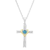 Colgante religioso en forma de cruz para mujer de la colección Dazzlingrock, con topacio azul redondo de 4 mm y diamantes blancos, en dos tonos de oro blanco y amarillo de 10 quilates