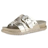 Gold VAN HILL Damen Pantoletten Flach Nieten Trendy Schuhe 214627 Gold 38