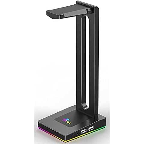 NJSJ RGB Headphone Stand Desk Gaming Headset Holder with 3.5mm AUX, 2 USB Ports,Earphone Hanger Accessories for PC Desktop Gamers,Black Cover