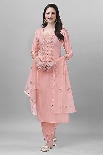 Trendmalls Women's Cotton Embroidery Salwar Suit Set Kurta Pant with Dupatta (G103-PeachPink-6XL)