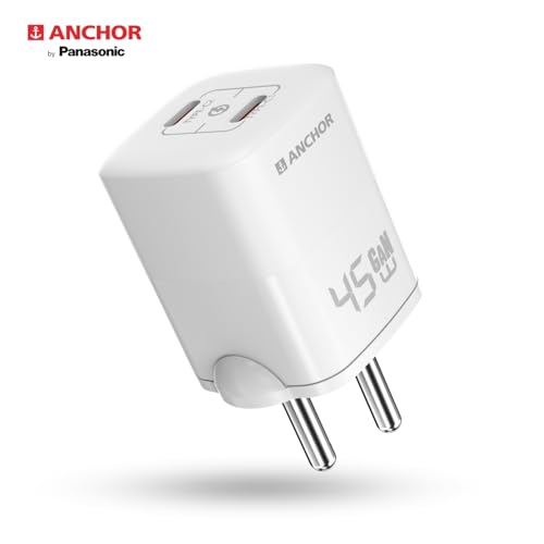 Image of Anchor by Panasonic Type C Dual Port 45W GaN Fast Wall Charger, Compact Travel Adapter with Short Circuit Protection, High Speed Charging for Samsung, iPhone, Headphone, Camera