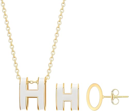H Necklace H earrings Gold Stud Earrings for Women Hypoallergenic Stainless Steel with H Enamel Color Elegant & Trendy Jewelry for Sensitive Ears Classic Round Enamel Earrings for Daily Wear (Set White)