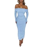PRETTYGARDEN Women's Fall Off The Shoulder Maxi Dress Spring Long Sleeve Ruched Fitted Bodycon Cl...