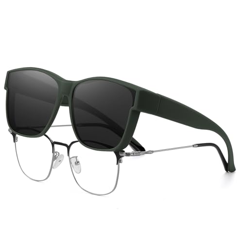 HAOLOTA Fit Over Sunglasses-Polarized for Driving Men, Stylish Square Fashionable Prescription Sunglasses UV400 Protection L Size Mat Army Green Frame Grey Lens L Size