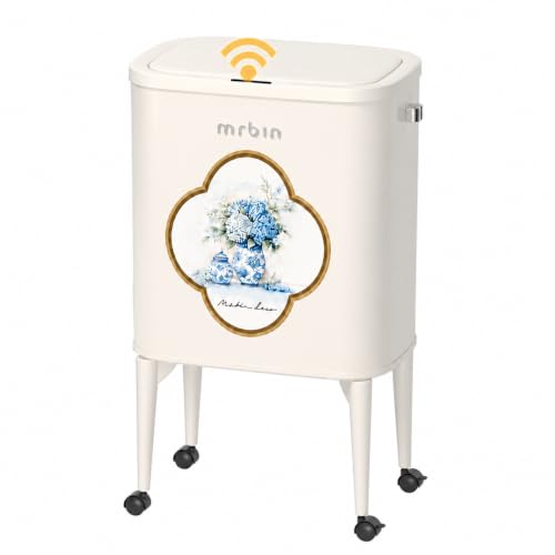 Image of MRBIN Metal Motion Sensor Kitchen Trash Can with Wheel Legs, 36L / 9.5gal Slim Waste Basket with Lid, Narrow Garbage Pail for Vanity, Living Room, Bathroom, Bedroom, Blue and White Porcelain