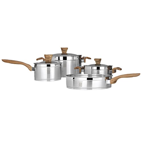 Serenk Definition Topfset mit passenden Deckeln, Kochtopfset aus Edelstahl, 1 Saucepfanne, 1 Bratpfanne, 1 Stielkasserolle, 1 Kasserolle, Geschirrset 7-teilig, alle Herdarten auch Induktion Cover