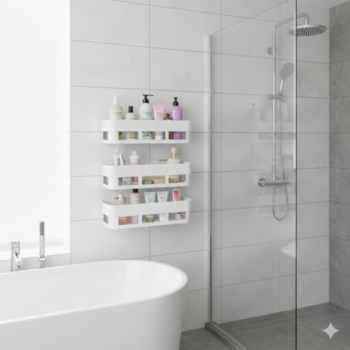 Image of KASHIVAL Bathroom Shelf Wall Mount | No Drill ABS Plastic Storage Rack with Hooks | Multipurpose Wall Organizer for Bathroom & Kitchen | Shampoo Holder | Pack of 2