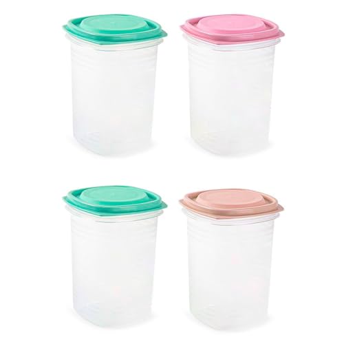 Acan Tradineur - Pack de 4 recipientes herméticos de plástico, Reutilizables, almacenaje, Alimentos, Apto para microondas, Fabricado en España - 850 ml - 15 x 10,5 cm - Color Aleatorio