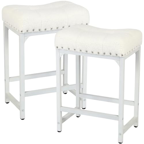 Image of Counter Height Bar Stools Set of 2, 24 Inch Bar Stools for Kitchen Counter, White Boucle Saddle Backless Barstools, Modern Counter Stools Kicthen Island Stools, Off White